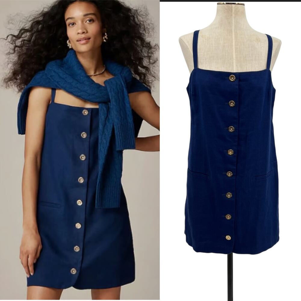 J. Crew Claudia Dress in Linen‎ Mini Button Front Sleeveless Blue Size Small
